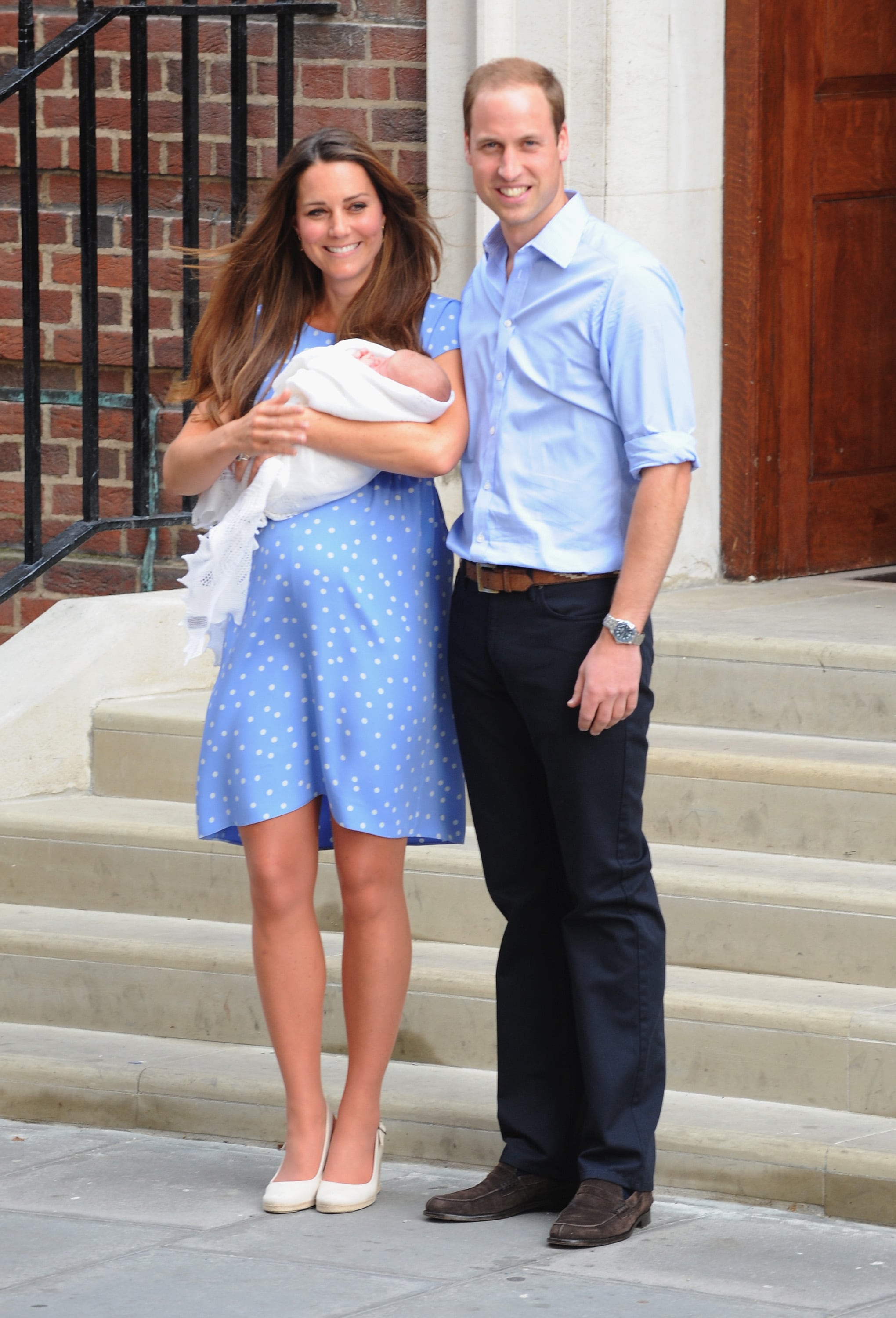 2013: Catherine, Duchess of Cambridge, and Prince William, Duke of Cambridge, depart The Lindo Wing with their newborn son at St Mary's Hospital on July 23, 2013, in London, England.