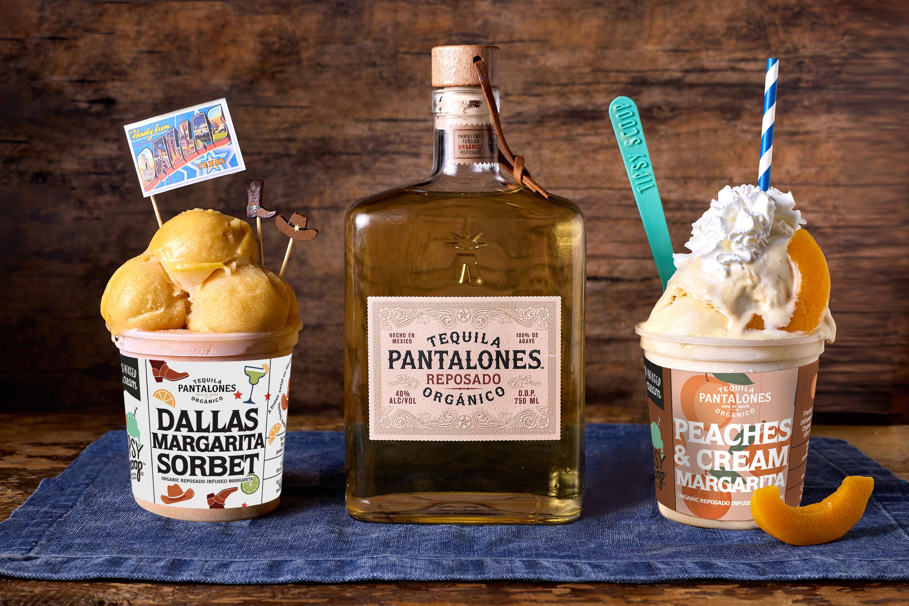 Limited-edition Pantalones Peaches & Cream Margarita Ice Cream is available now at all Tipsy Scoop Barlours. Later this summer, the Tipsy Scoop Barlour location in Dallas will add Pantalones Dallas Margarita Sorbet (at left) to its permanent menu.