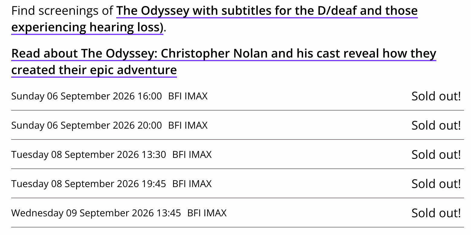 'The Odyssey' BFI IMAX screenings are sold out until 9 September (BFI)