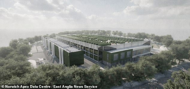 Britain does not have the water infrastructure to support plans to triple the capacity of data centres, the UK water industry has warned (pictured: a proposed data centre in Norfolk)