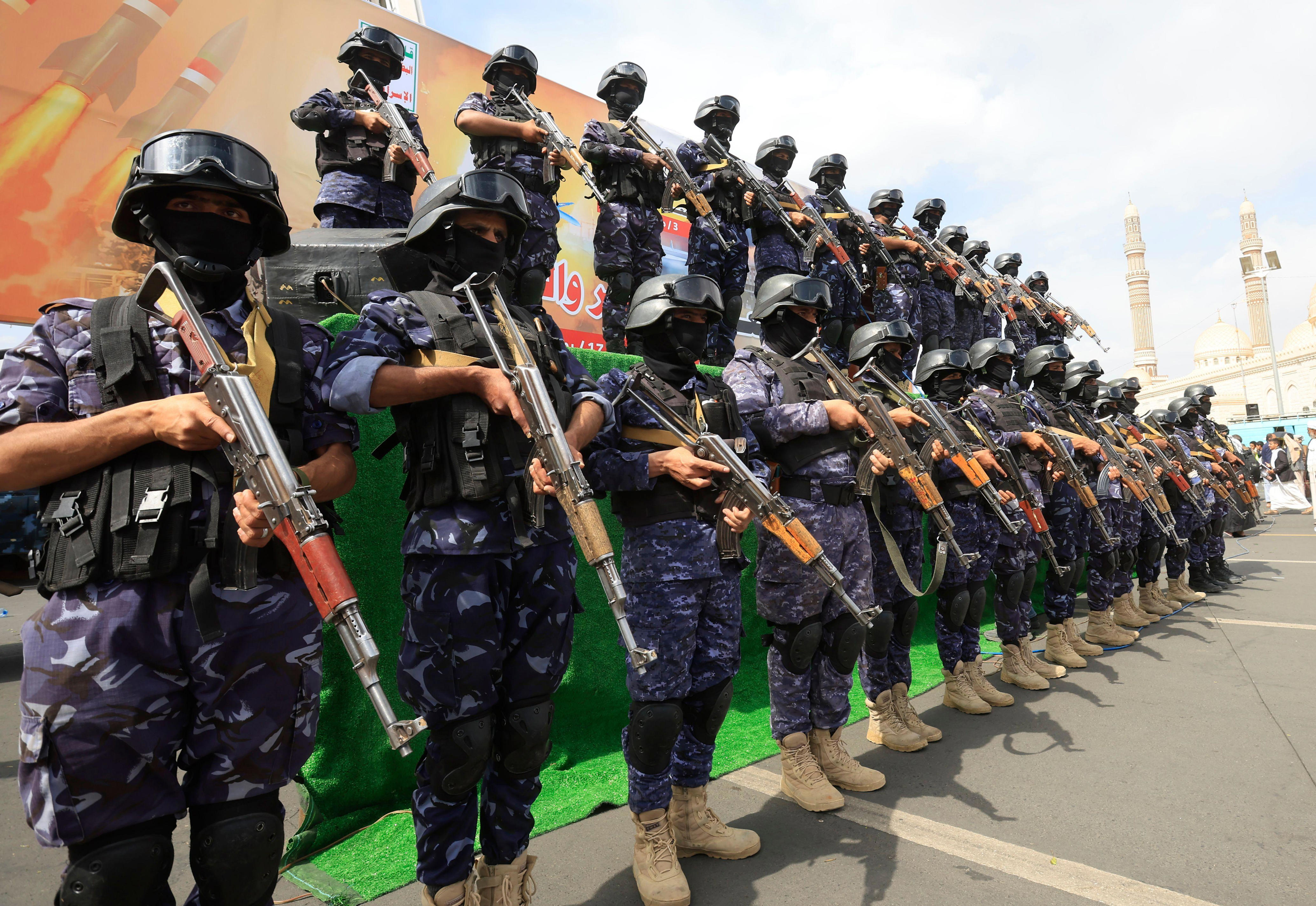 Houthi fighters during a protest against Saudi Arabia in Yemen's capital Sana'a on 17 July