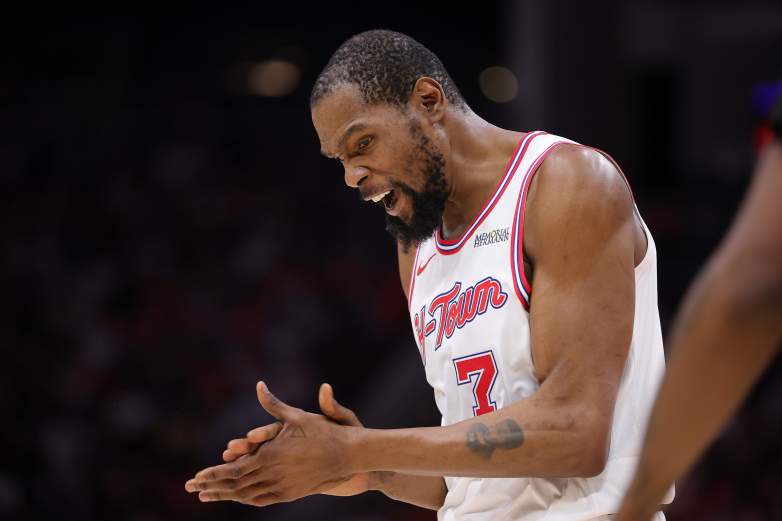 HOUSTON, TEXAS – APRIL 10: Kevin Durant #7 of the Houston Rockets reacts against the Minnesota Timberwolves [https://heavy.com/sports/nba/minnesota-timberwolves/] during the second half at Toyota Center on April 10, 2026 in Houston, Texas. NOTE TO USER: User expressly acknowledges and agrees that, by downloading and or using this photograph, User is consenting to the terms and conditions of the Getty Images License Agreement. (Photo by Alex Slitz/Getty Images)