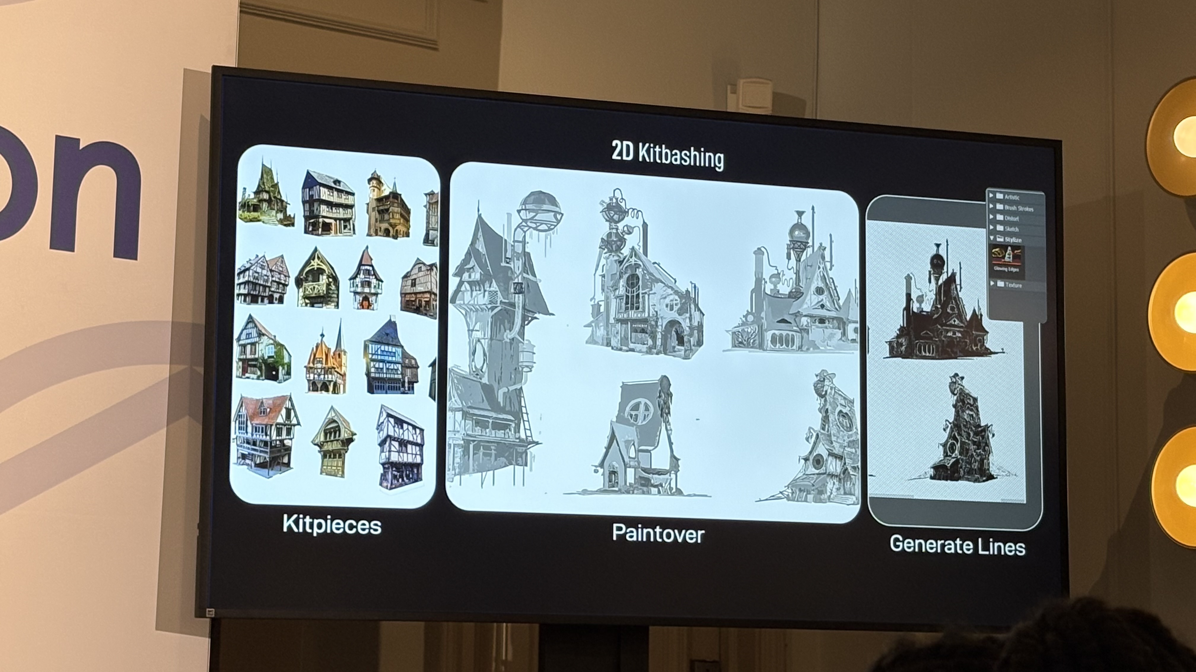 Photos of a woman giving a talk on concept art