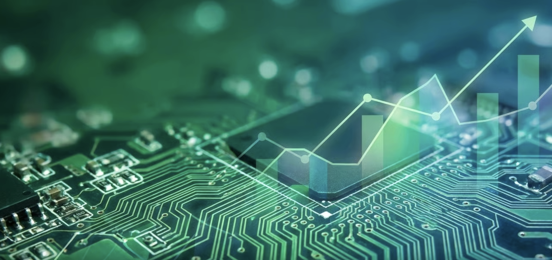 A close-up shot of a glowing green circuit board with a central microchip and various electronic components. Overlaid on the circuit board is a translucent graphic featuring an upward-trending line graph and bar charts, symbolizing financial or technological growth. The image has a futuristic and dynamic feel, predominantly in shades of green and blue.