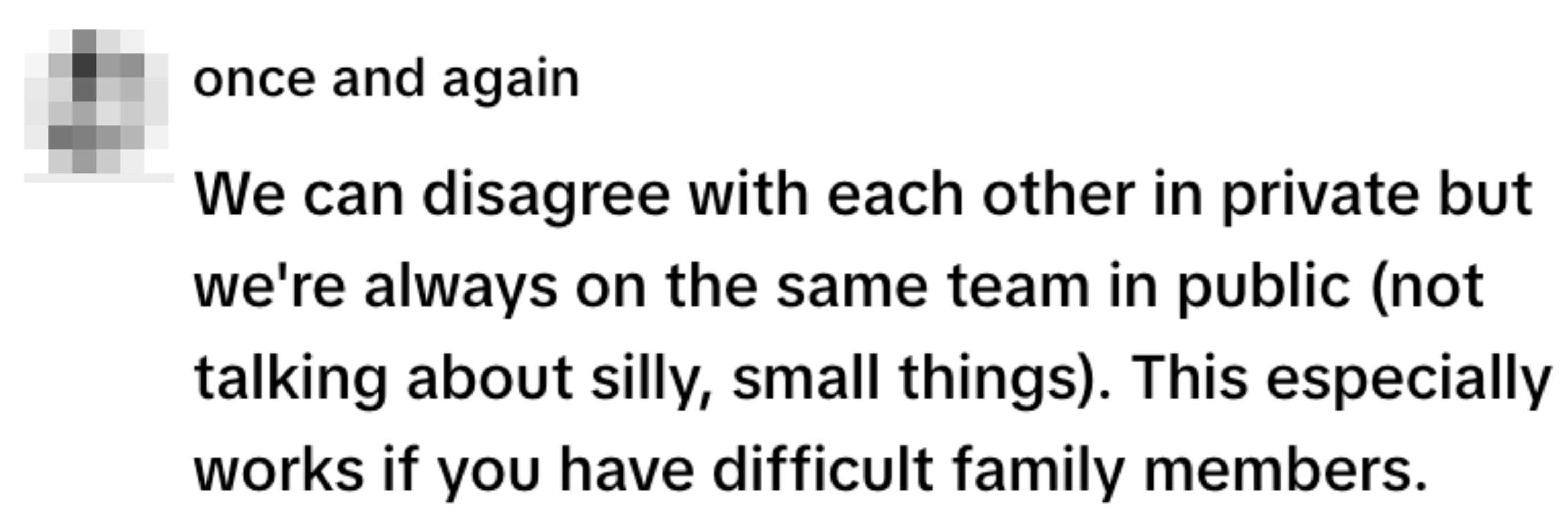 Text about private disagreements but public support, especially with challenging family dynamics