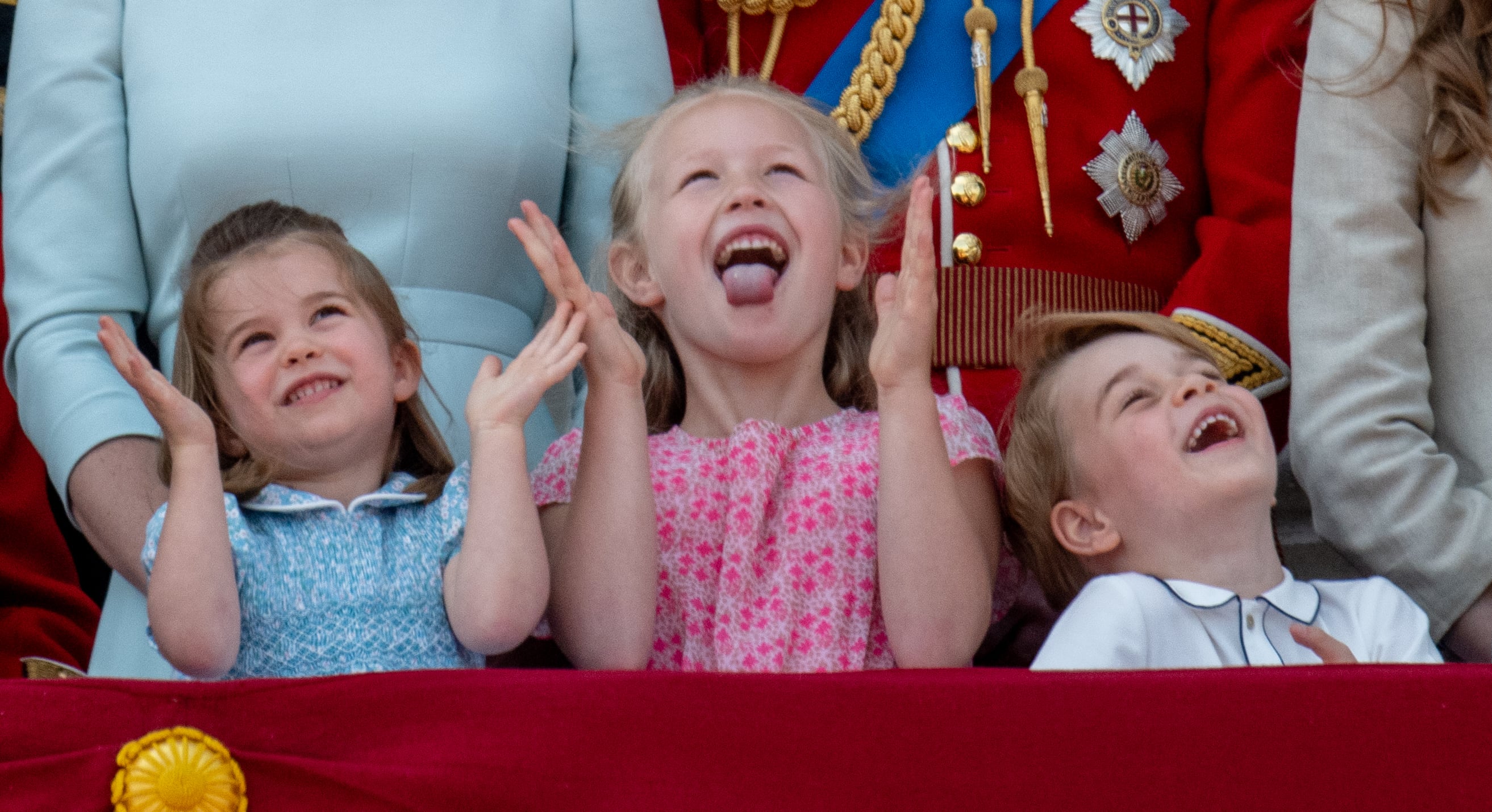 2018: Princess Charlotte of Cambridge, Savannah Phillips and Prince George of Cambridge during Trooping The Colour 2018 on June 9, 2018, in London, England.