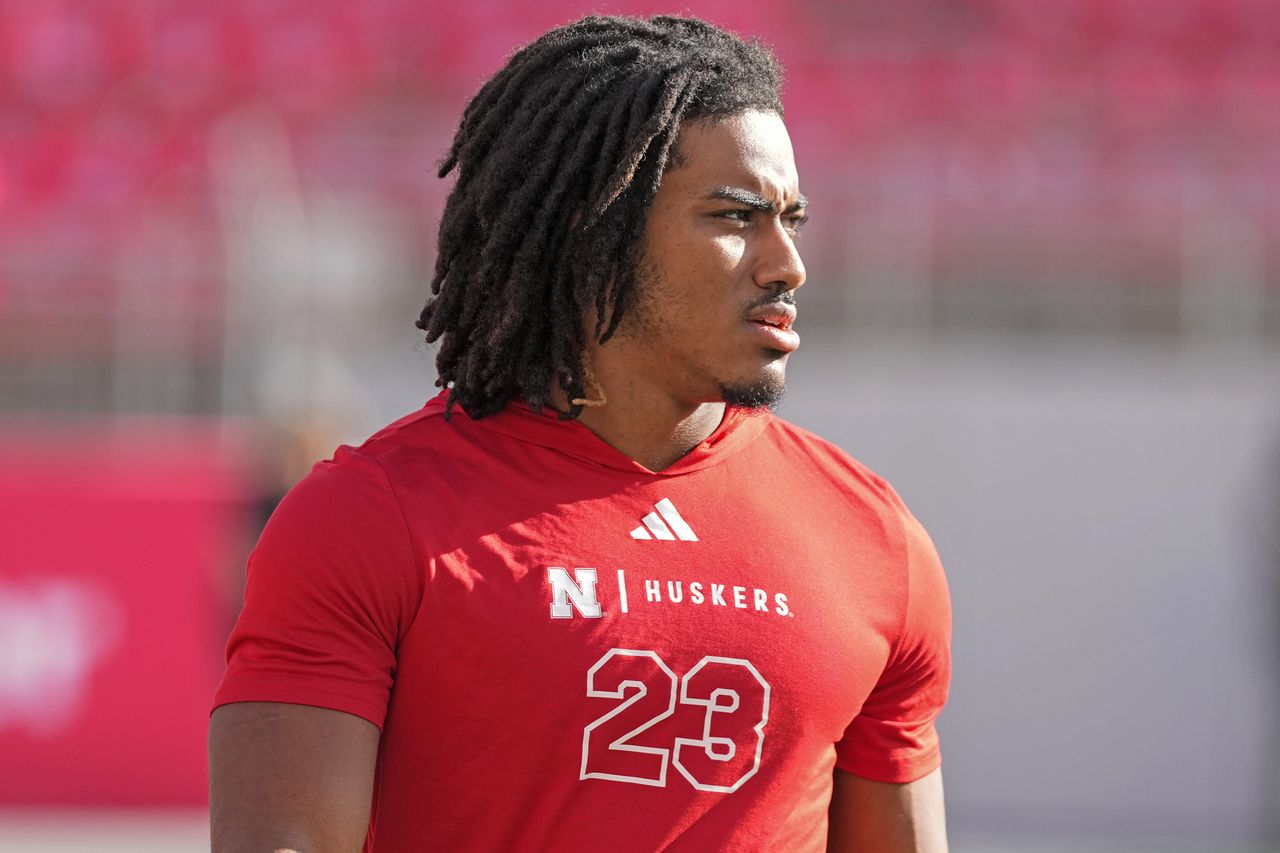 Running back Dante Dowdell #23 of the Nebraska Cornhuskers warms up before the game against the Ohio State Buckeyes at Ohio Stadium on October 26, 2024 in Columbus, Ohio.