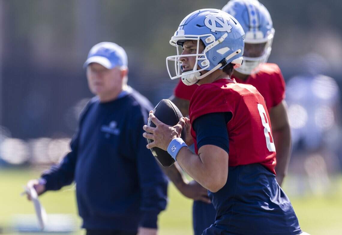 North Carolina quarterback Miles O’Neill (8) works out during the first day of spring practice for the Tar Heels on Tuesday, March 24, 2026, in Chapel Hill, N.C.