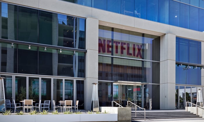 Headquarters with Netflix logo on building.