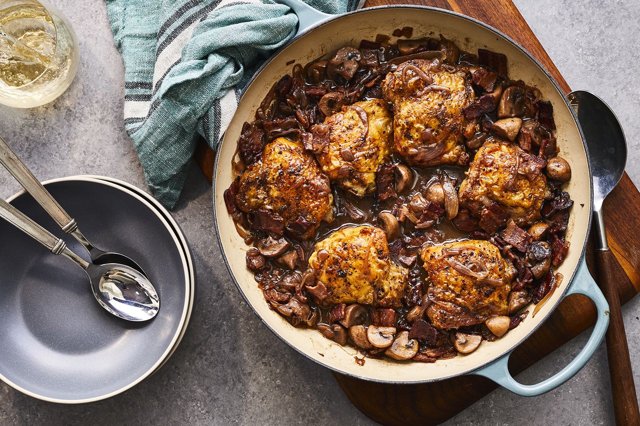 overhead shot of Chef Johnâs Coq Au Vin in pot