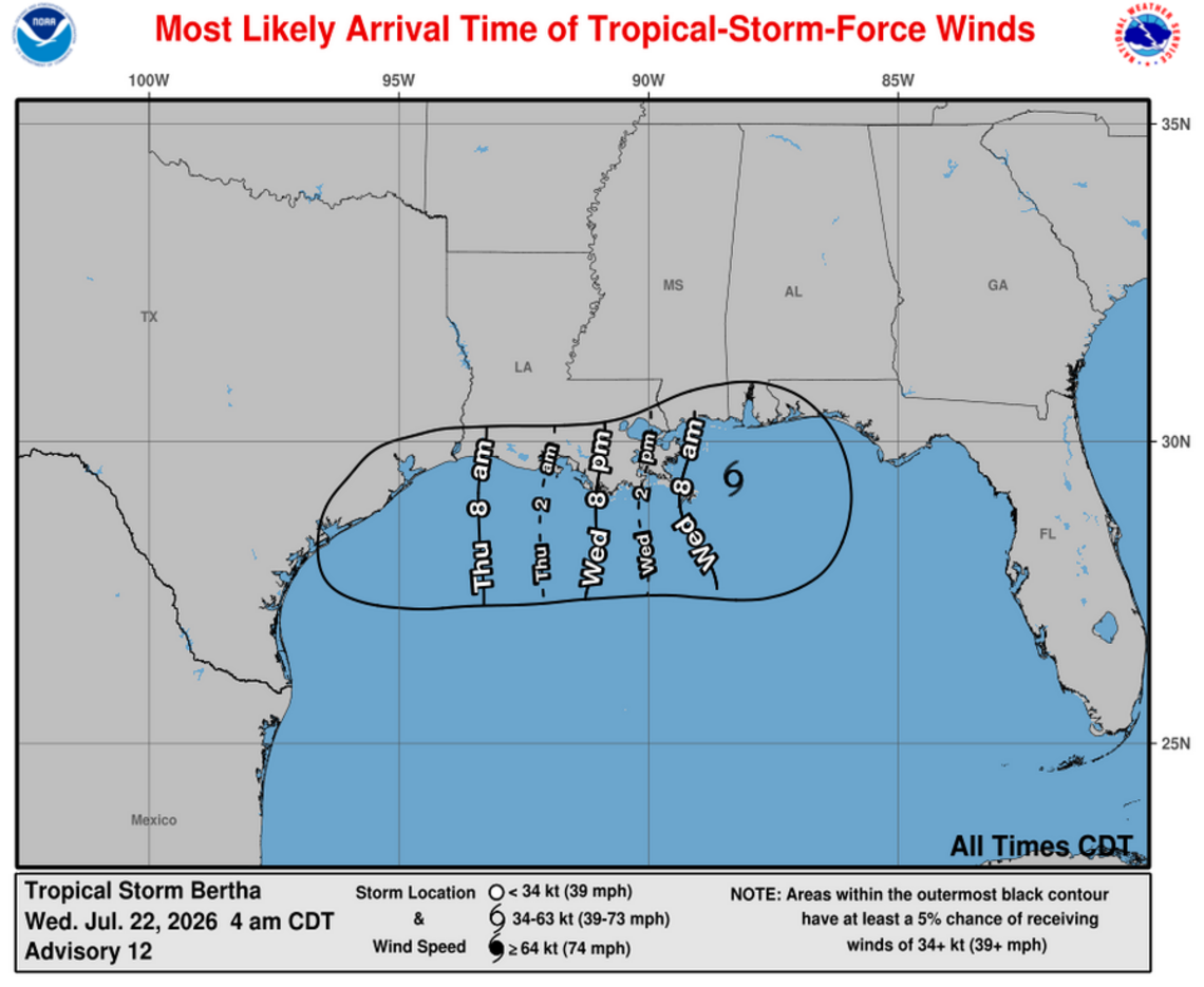 This graphic from the National Hurricane Center shows the most likely arrival time for tropical storm force winds across the Gulf Coast.