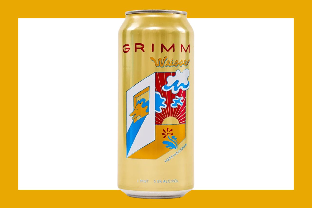 A can labeled Grimm Weisse featuring an artistic design