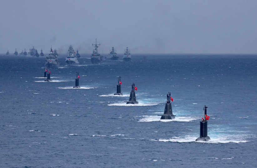 Turkey's submarines and fast attack craft ships participate in the live-fire phase of the ''Blue Homeland-2026'' (Mavi Vatan) tactical military exercises in the eastern Mediterranean Sea, in Antalya on April 9, 2026. (credit: Adem ALTAN / AFP via Getty Images)