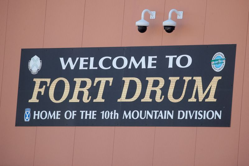 FILE PHOTO: A welcome sign is seen at Wheeler-Sack Army Airfield, the airport used by the 10th Mountain Division at Fort Drum in New York