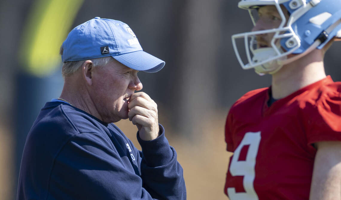 North Carolina offensive coordinator Bobby Petrino watches the Tar Heels’ offensive unit work out during practice on Tuesday, March 24, 2026, at Kenan Stadium Chapel Hill, N.C.