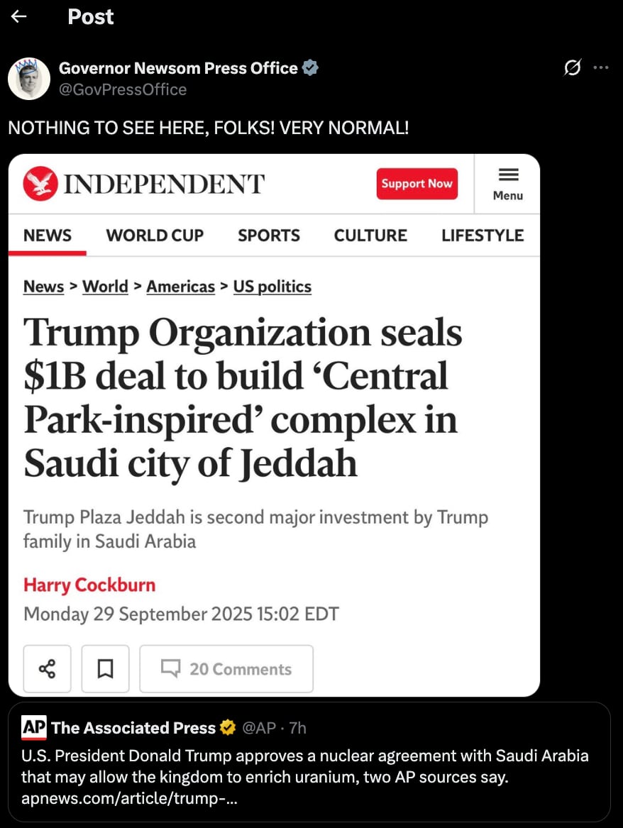 Newsom has bashed Trump for conflicts of interest over the nuclear pact. / X/Gavin Newsom