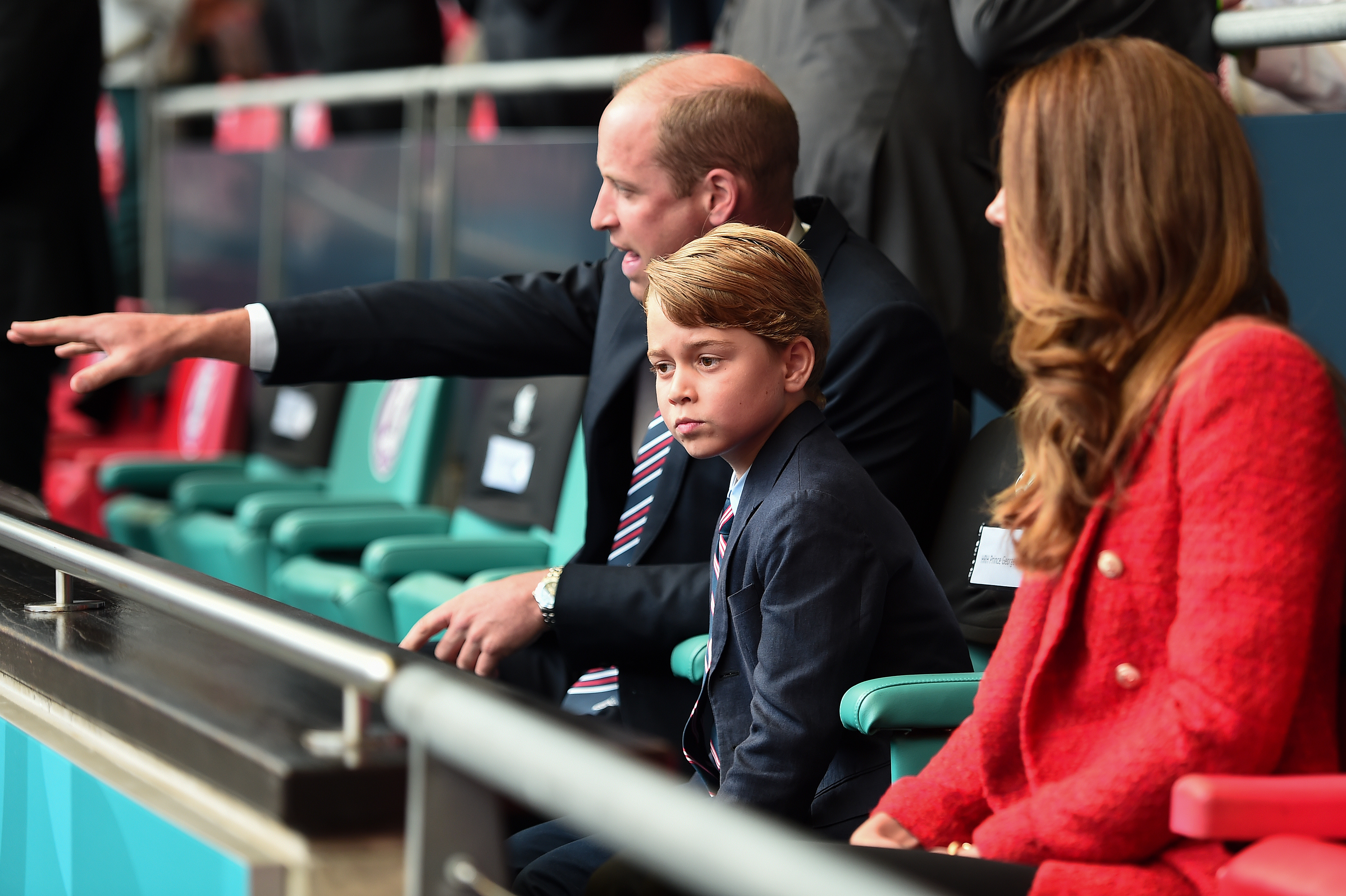 Prince William, President of the Football Association along with Catherine, Duchess of Cambridge with Prince George during the UEFA Euro 2020 Championship Round of 16 match between England and Germany at Wembley Stadium on June 29, 2021 in London, England.