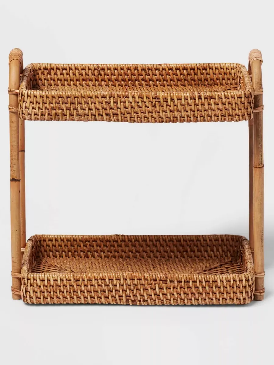 Natural Woven Tiered Vanity Bathroom Tray - Threshold™: Rattan Countertop Storage Accessory, Spot Clean