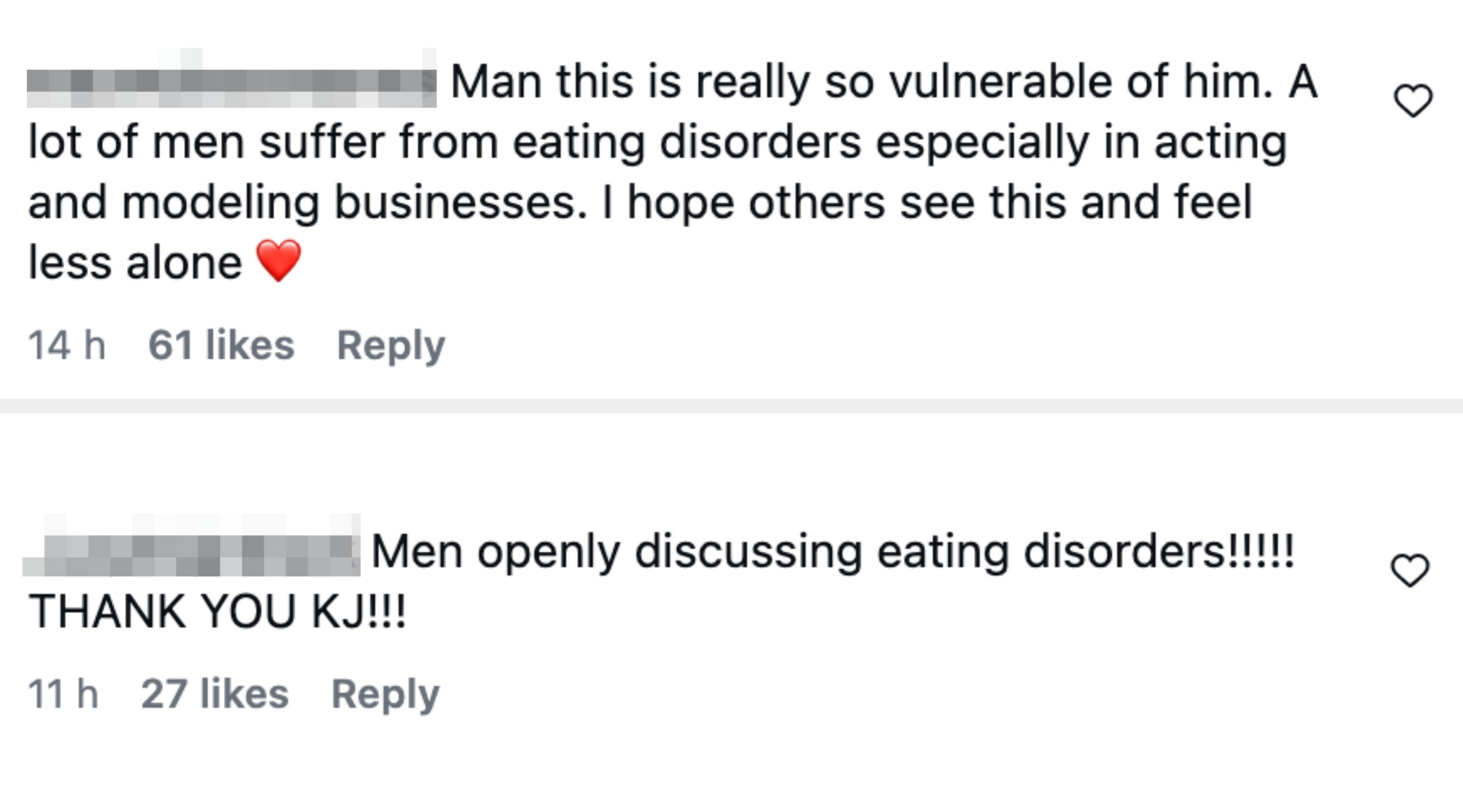 Comment discussing male vulnerability to eating disorders in acting and modeling, expressing hope for increased awareness and support