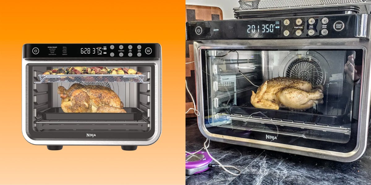 The Ninja Foodi XL Pro Air Fryer Oven on an orange gradient background, next to an image of the same oven cooking a chicken in our tester's kitchen.