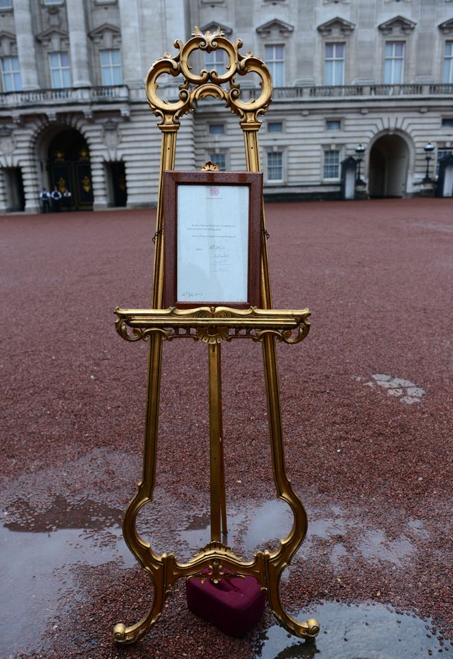 Prince George's birth announcement on display at Buckingham Palace.