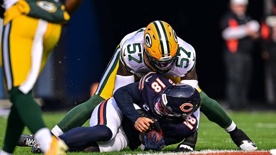 Green Bay Packers defensive end Brenton Cox Jr. (57) sacks Chicago Bears quarterback Caleb Williams in 2024.