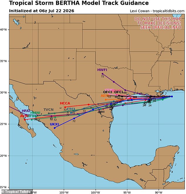 Tropical Storm Bertha is expected to 'hug' the US Gulf Coast, making landfall at least twice this week