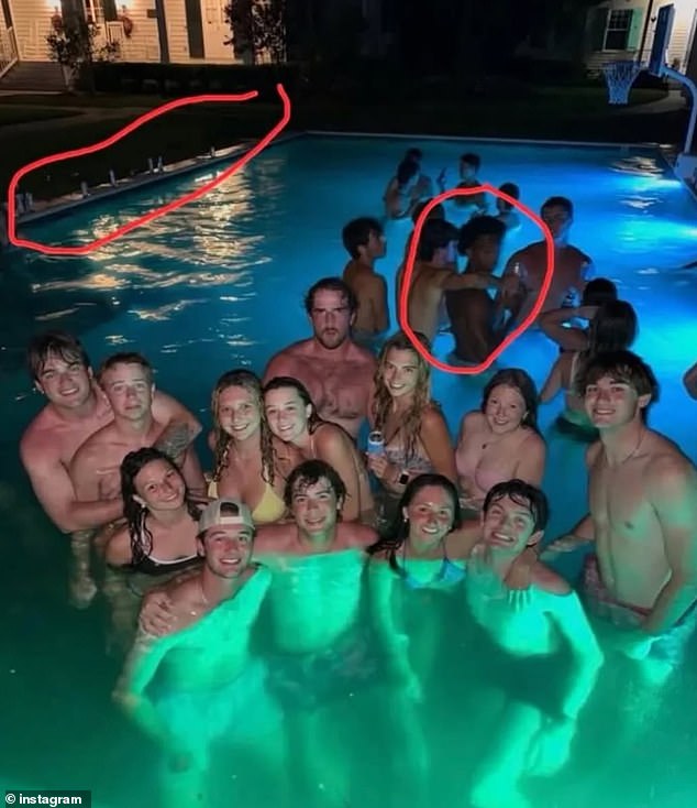 Crump shared an unverified photo of a group of young people in a swimming pool, with a black boy in the background whose face is not visible, circled in red. Rumors flying online have suggested the boy is Wells