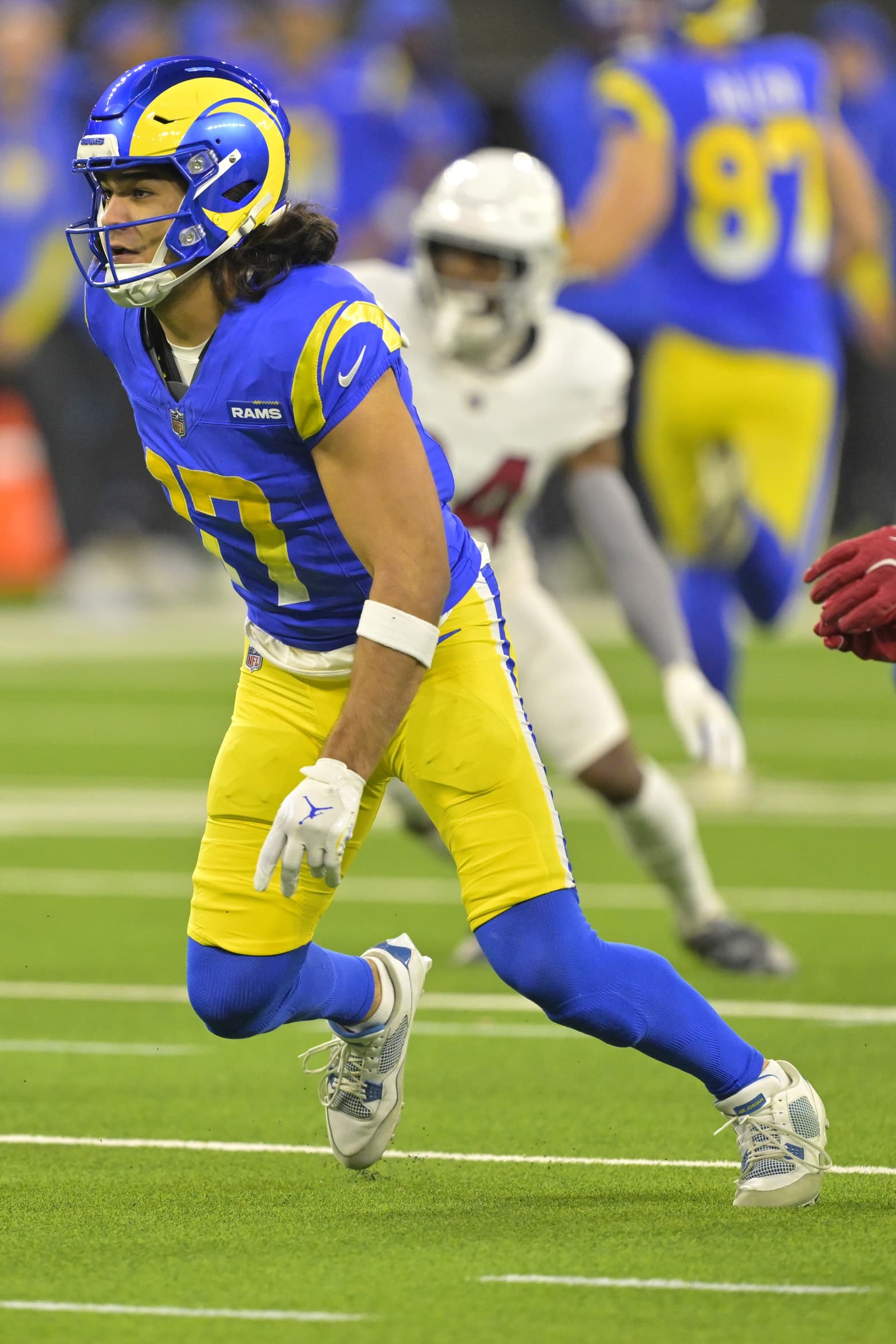 Dec 28, 2024; Inglewood, California, USA; Los Angeles Rams wide receiver Puka Nacua (17) looks for the ball during a play against the Arizona Cardinals at SoFi Stadium. Mandatory Credit: Jayne Kamin-Oncea-Imagn Images