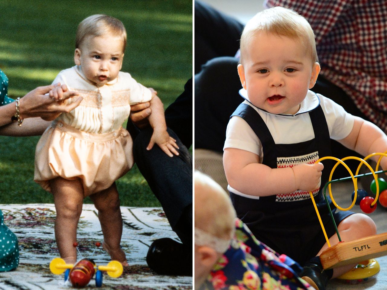 Prince George of Cambridge as a baby in two different moments one sitting with a toy and another standing on grass