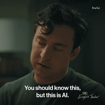Person saying, "You should know this, but this is AI" with a neutral expression in TV show scene