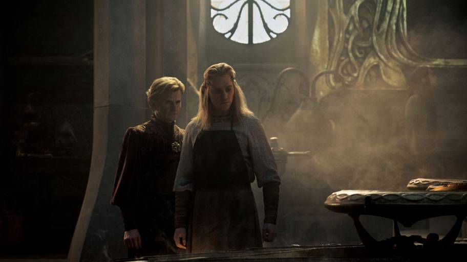 Charles Edwards (Celebrimbor) and Charlie Vickers (Sauron) in The Lord of the Rings: The Rings of Power season 2.