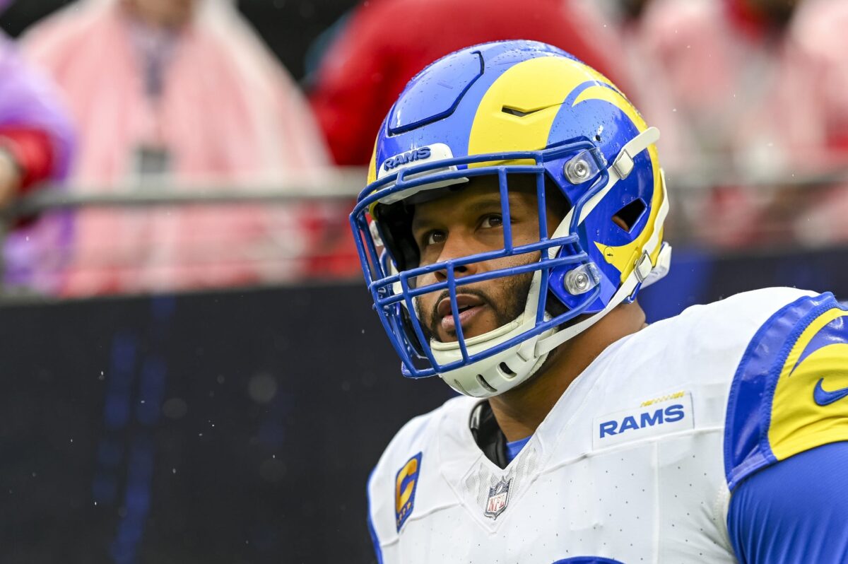 Dec 10, 2023; Baltimore, Maryland, USA; Los Angeles Rams defensive tackle Aaron Donald (99) before the game against the Baltimore Ravens at M&T Bank Stadium. Mandatory Credit: Tommy Gilligan-USA TODAY Sports