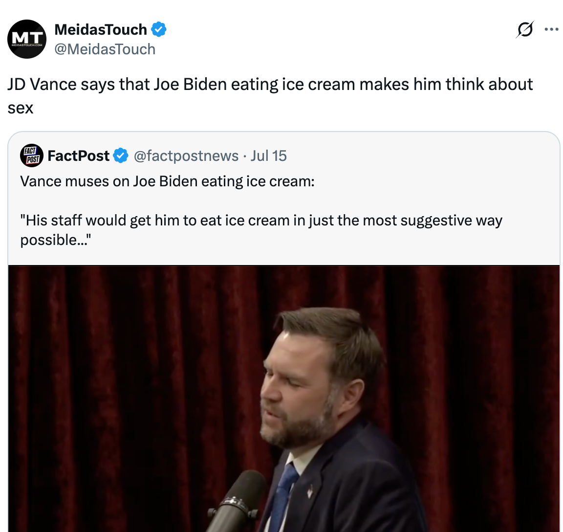 Social media post discussing JD Vance's comment about Joe Biden eating ice cream in a suggestive manner