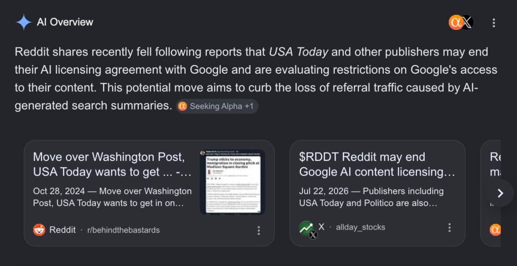 Google AI summaries for Reddit and USA Today