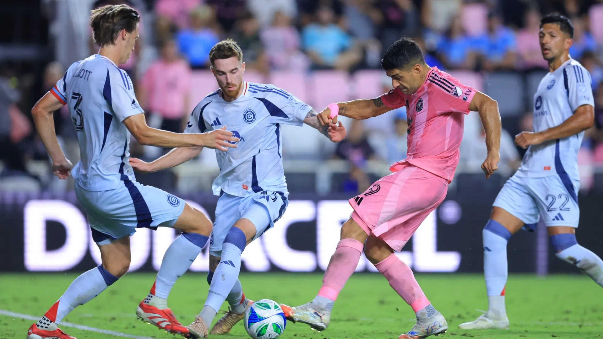 Luis Suárez #9 of Inter Miami CF shoots during the MLS match vs Chicago Fire.