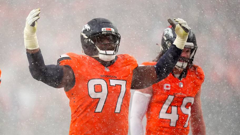 Jan 25, 2026; Denver, CO, USA; Denver Broncos defensive tackle Malcolm Roach (97) reacts against the New England Patriots dur