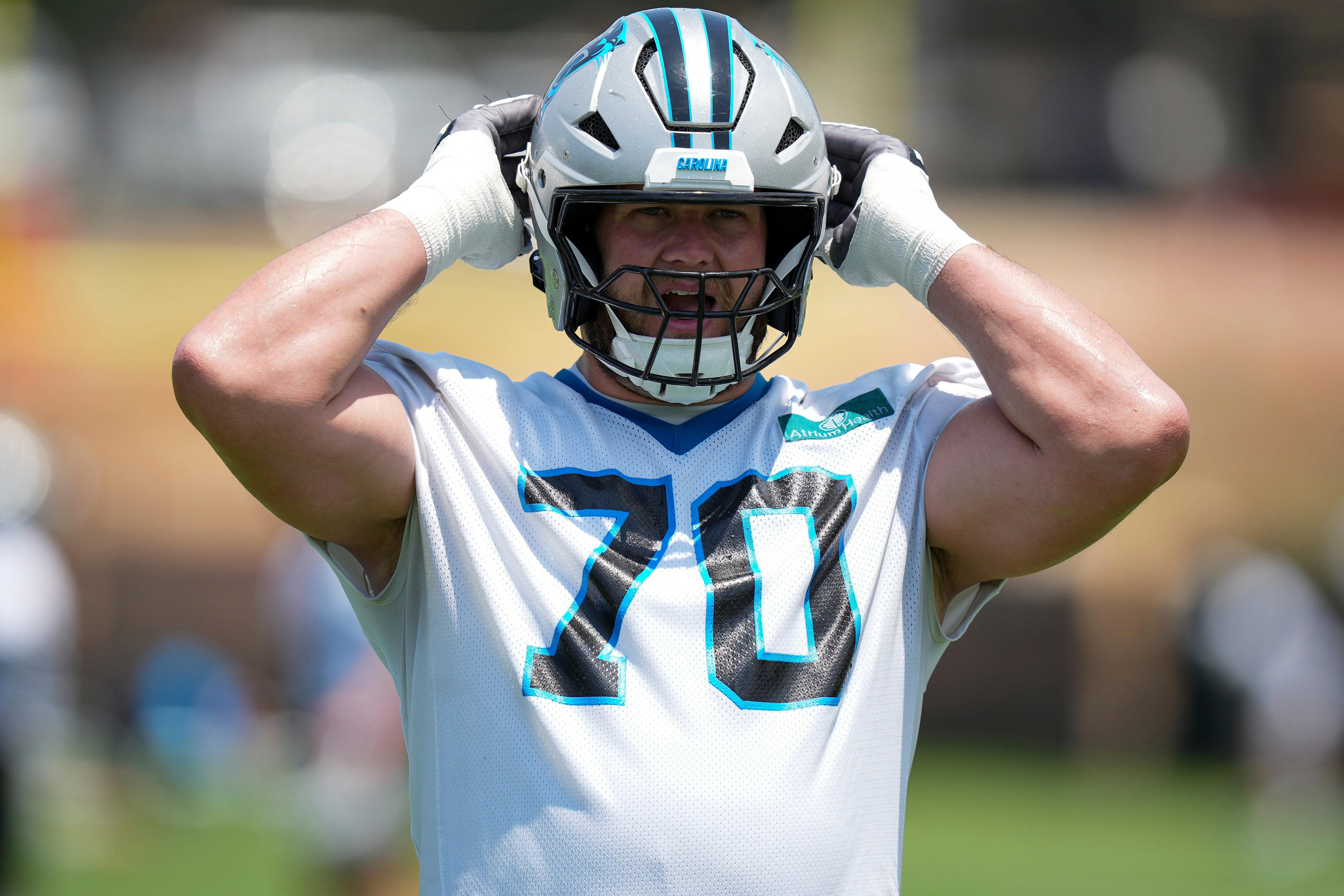Jun 11, 2025; Charlotte, NC, USA; Carolina Panthers guard Brady Christensen (70) during minicamp at Bank of America Stadium. Mandatory Credit: Jim Dedmon-Imagn Images