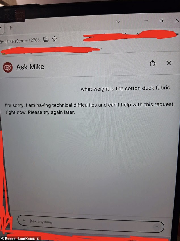 One Michaels employee tested the chatbot by asking it a simple product question about cotton duck fabric and was left unimpressed by its response