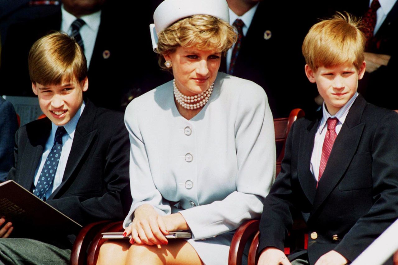 Princess Diana, Princess of Wales with her sons Prince William and Prince Harry attend the Heads of State VE Remembrance Service in Hyde Park on May 7, 1995