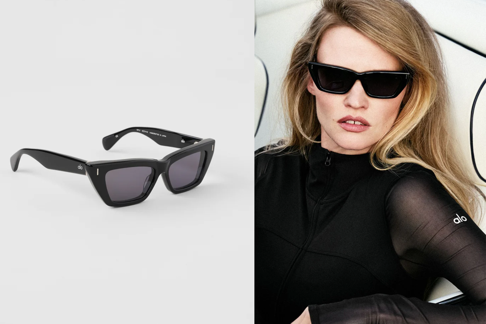 Collage of black Alo sunglasses and a woman wearing them.