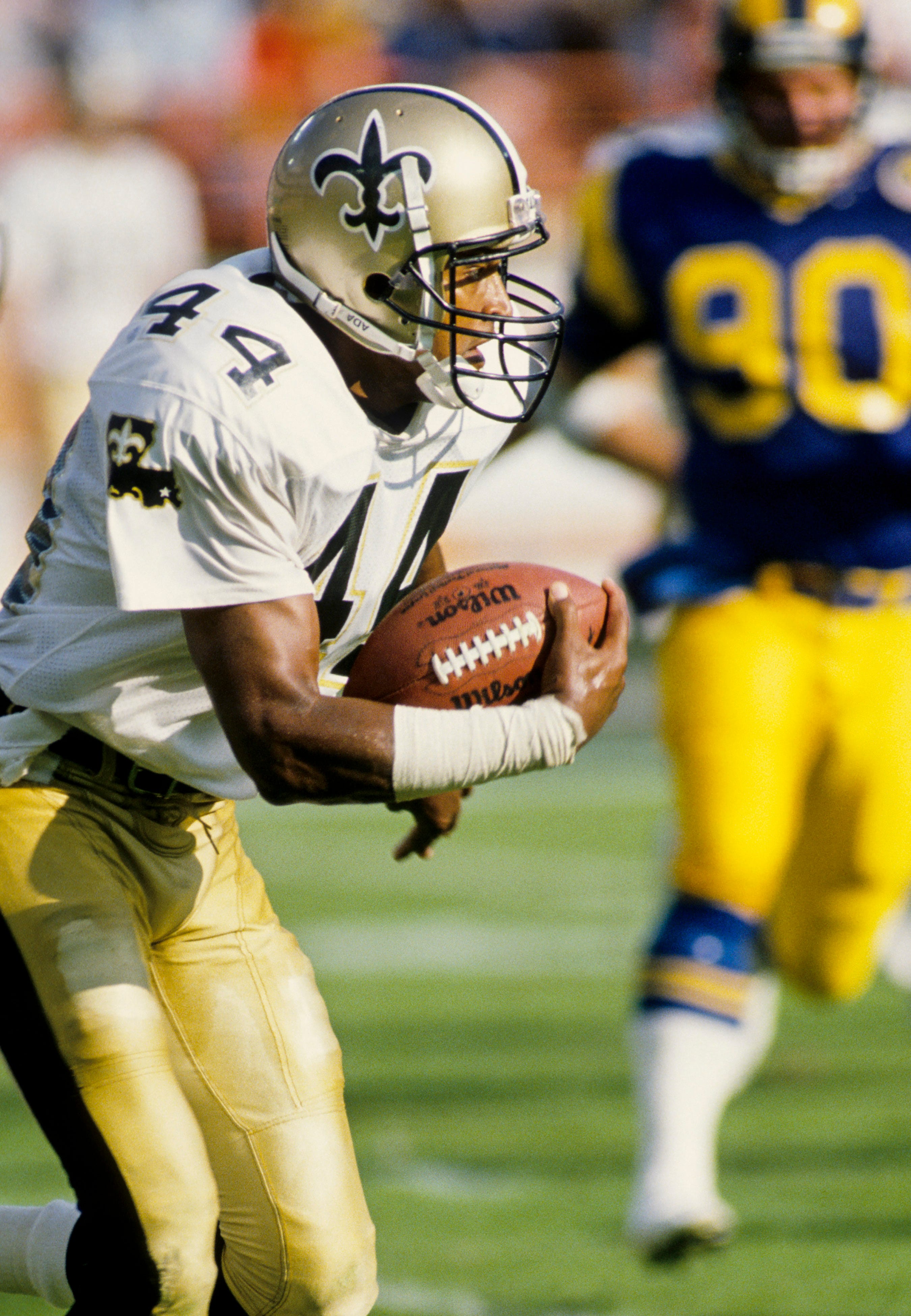 Nov 13, 1988; Anaheim, CA, USA; FILE PHOTO; New Orleans Saints defensive back Dave Waymer (44) fields a kick against the Los Angeles Rams at Anaheim Stadium during the 1988 season. Mandatory Credit: RVR Photos-USA TODAY Sports