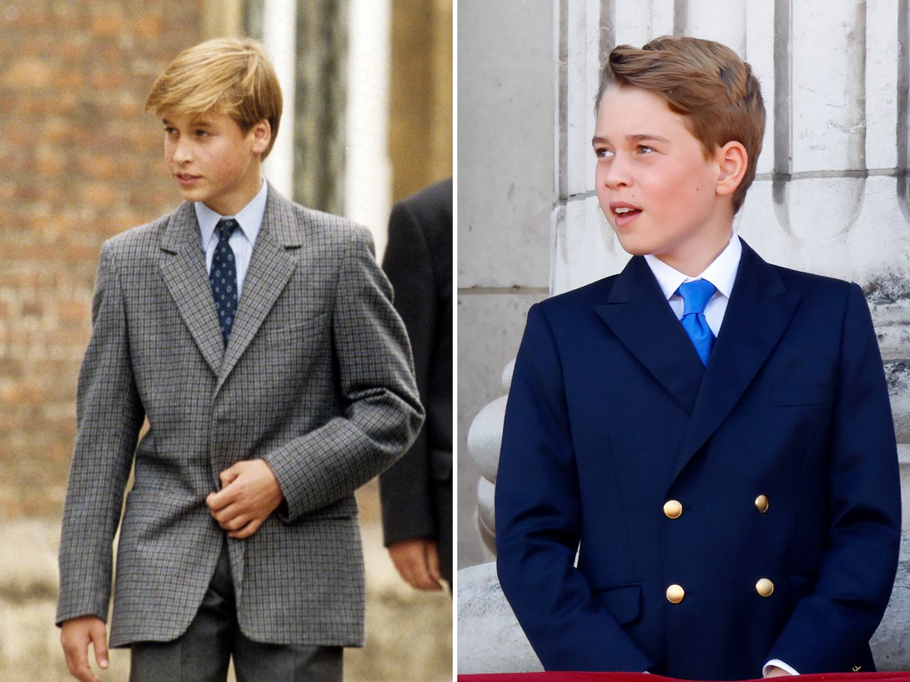 Sidebyside comparison of Prince William Duke of Cambridge in his youth and Prince George of Cambridge both dressed formally