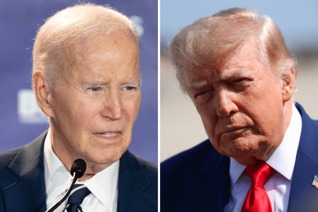 Left: Joe Biden during a fundraising event with the South Carolina Democratic Party at the Columbia Museum of Art on February 27, 2026 in Columbia, South Carolina. Right: Donald Trump before boarding Air Force One en route to Dover Air Force Base on July 22, 2026 at Joint Base Andrews, Maryland.