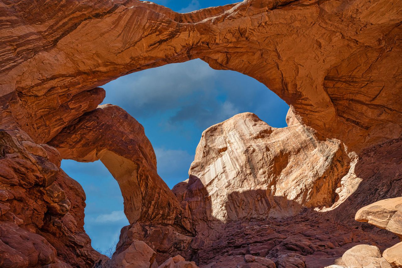 Looking up at Double Arch in Arches National Park