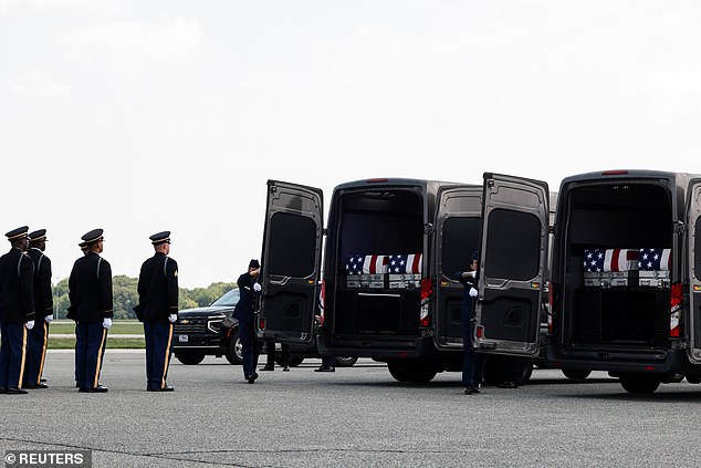 Members of the military pay their respects to the remains of U.S. Army service members Army 1st Lt. Tyler James Feehan, Sgt. Angel S. Rampersad and Pvt. Isabella Gonzales, who were killed in an attack on Muwaffaq Salti Air Base in Jordan, and Sgt. Michael Emmanuel Swinton, who was killed during a controlled detonation of a downed one-way unmanned aerial system at Erbil Air Base in Iraq