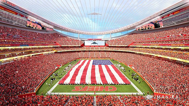 TheChiefs' renderings included what appeared to be the image of Navy veteran and world-renowned singer Generald Wilson performing the anthem on the scoreboard (upper right, left)
