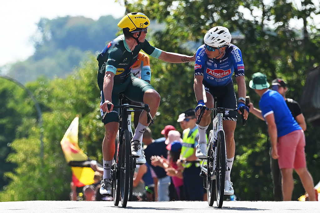 Mads Pedersen of Team Lidl - Trek and Jasper Philipsen of Team Alpecin-Premier Tech react after the intermediated sprint during the 113th Tour de France 2026, Stage 13