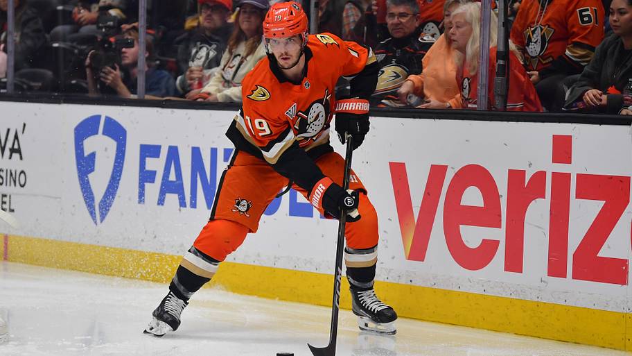 Anaheim Ducks right wing Troy Terry (19) controls the puck.