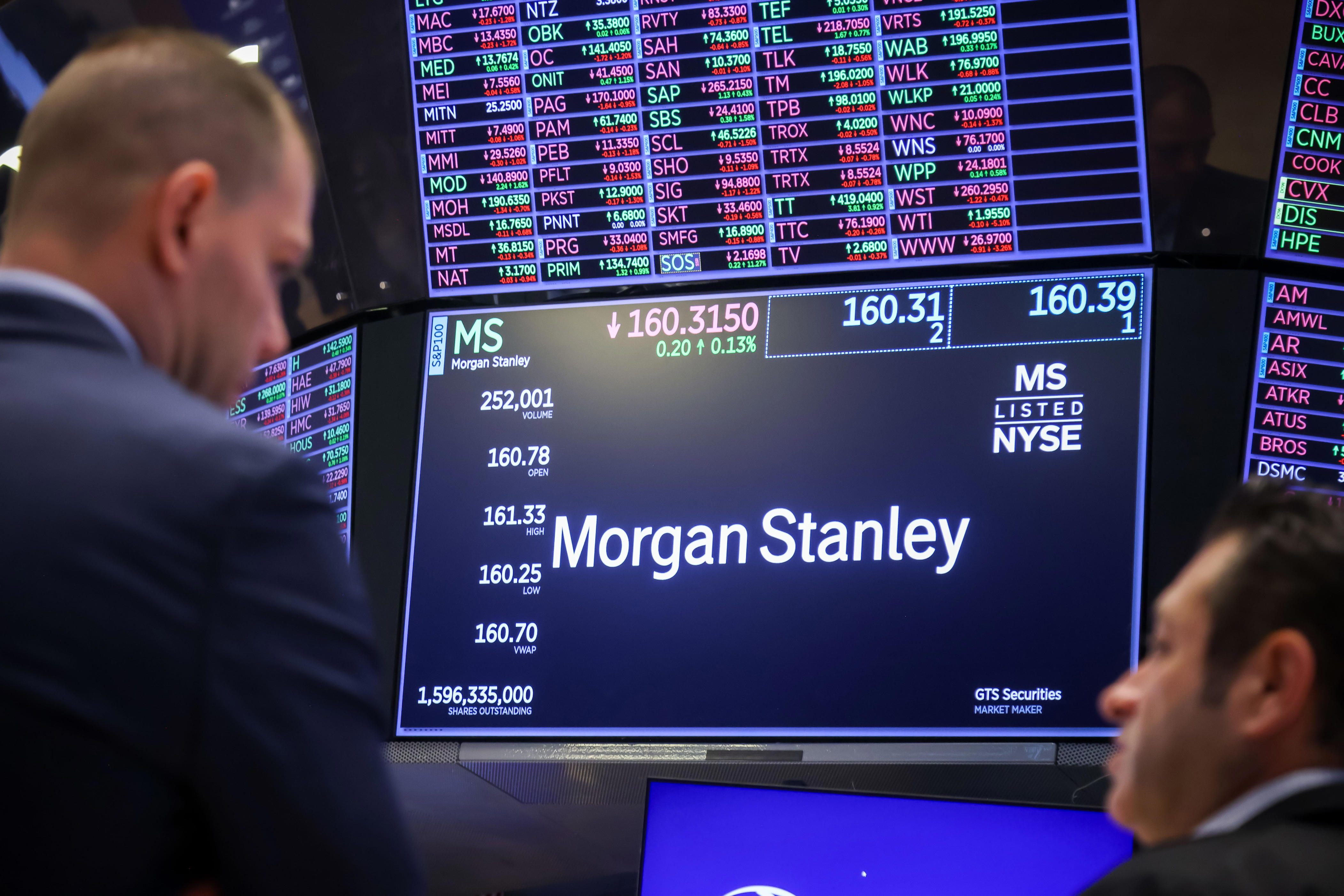Morgan Stanley stock information appears on trading screens at the New York Stock Exchange trading floor.